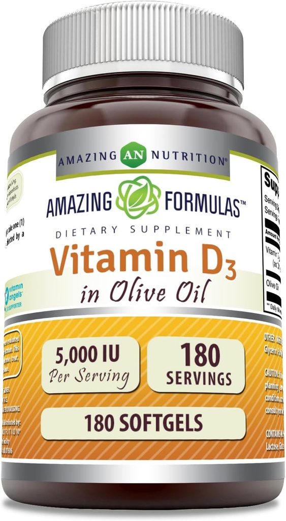 Fórmulas asombrosas Vitamina D3 con aceite de oliva 5000 UI Softgels Suplemento TENIDO NO-OMG TENIDO Gluten Free TEN Made in USA (180 Conteo)