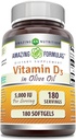 Fórmulas asombrosas Vitamina D3 con aceite de oliva 5000 UI Softgels Suplemento TENIDO NO-OMG TENIDO Gluten Free TEN Made in USA (180 Conteo)