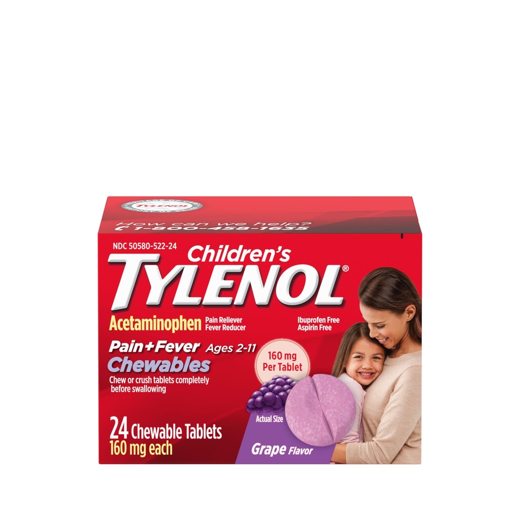 Lágrimas de Tylenol para niños con 160 mg de acetaminofén, alivio de dolor y reducción de fiebre para los síntomas de frío para niños + gripe, dolor de cabeza, garganta profunda &amp; dolor de estómago, sabor libre de aspirina, sabor de uva, 24 ct
