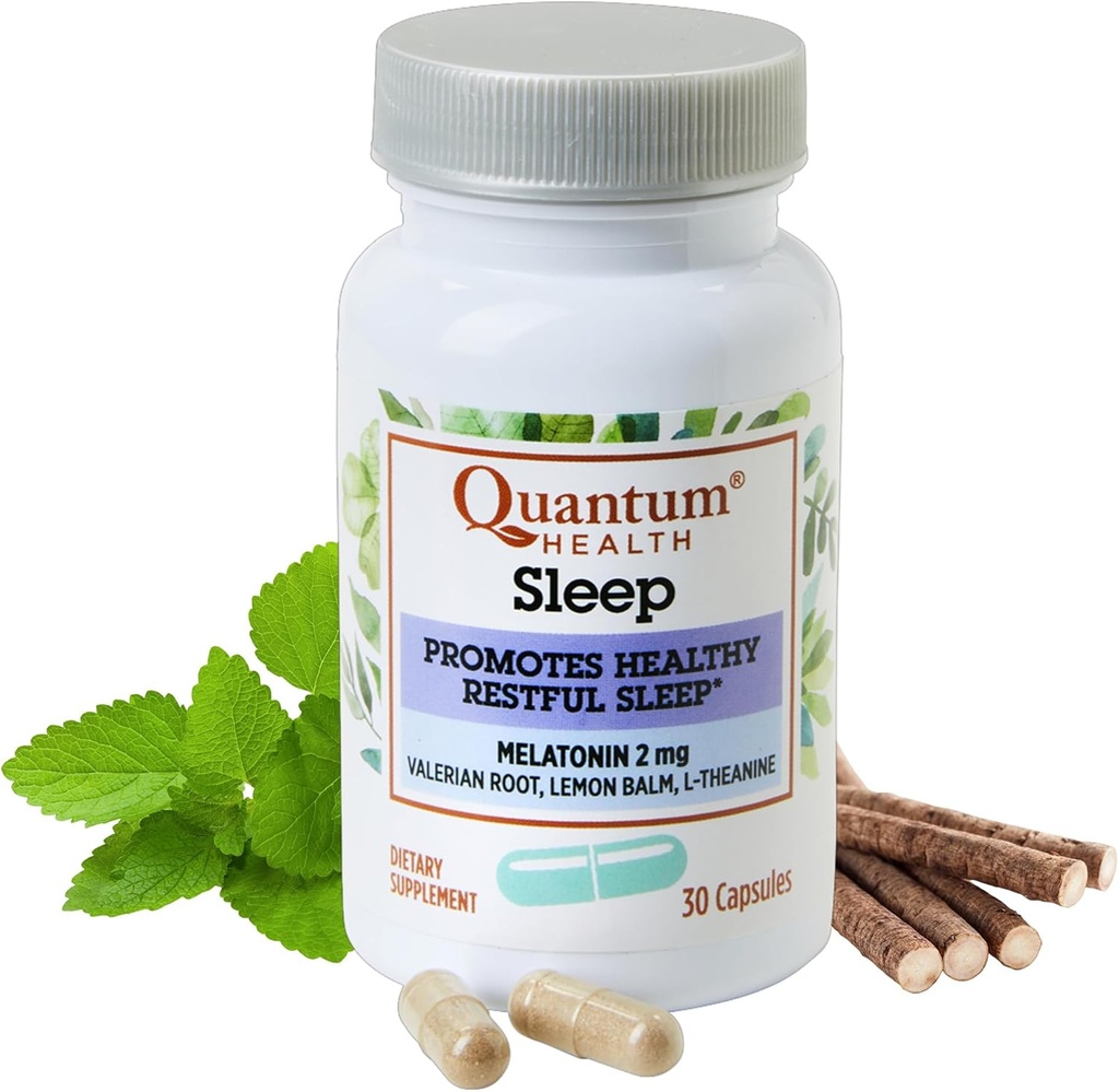 Quantum Health Sleep Melatonin 2mg Healthy Restful Sleep Support Blend with Relaxing Valerian Root, Lemon Balm &amp; L Theanine Daily Mind &amp; Body Well Being for Women &amp; Hombre - 30 cápsulas