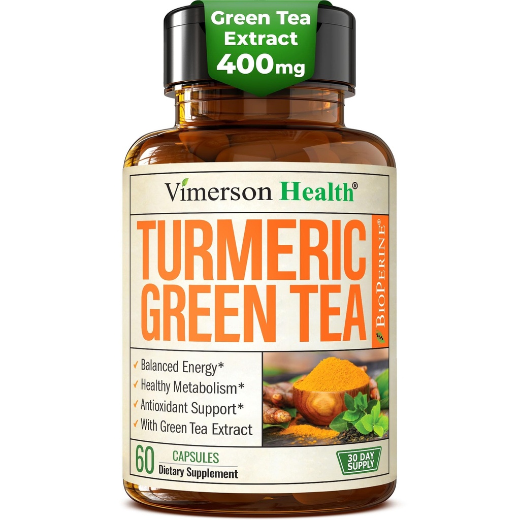 Suplemento de Curcumina Turmérica con Extracto de Té Verde (ECGC) " Vitamina C para la Salud Conjunta, Energía " Equilibrio de Inflamación - Curcumina Tumérica Orgánica con Pepper Negro - Sin gluten, No GMO - 60 cápsulas