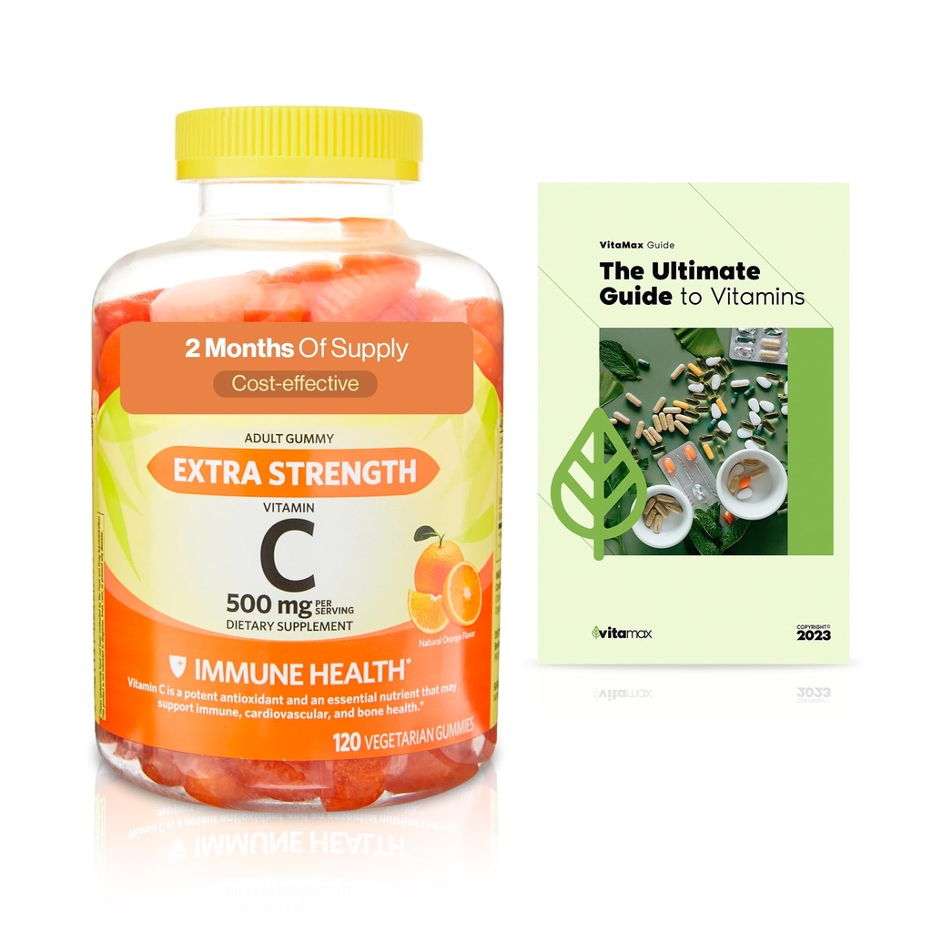 Spring Valley Extra Strength Vitamin C Immune Health Dietary Supplement Vegetarian Gummies, Orange, 500 mg, 120 Conde + Exclusiva VitaMax Vitamina (2 items)