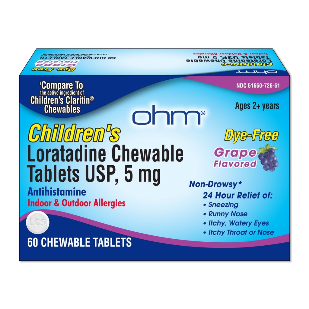 Ohm niños Loratadine Chewable Tablets, Dye Free, Grape, Non-Drowsy 24h Relief of Sneezing, Runny Nose, Itchy Watery Eyes,Throat o Nose, Antihistamine, Indoor &amp; Outdoor Alergies, 5mg, 60 Tablets