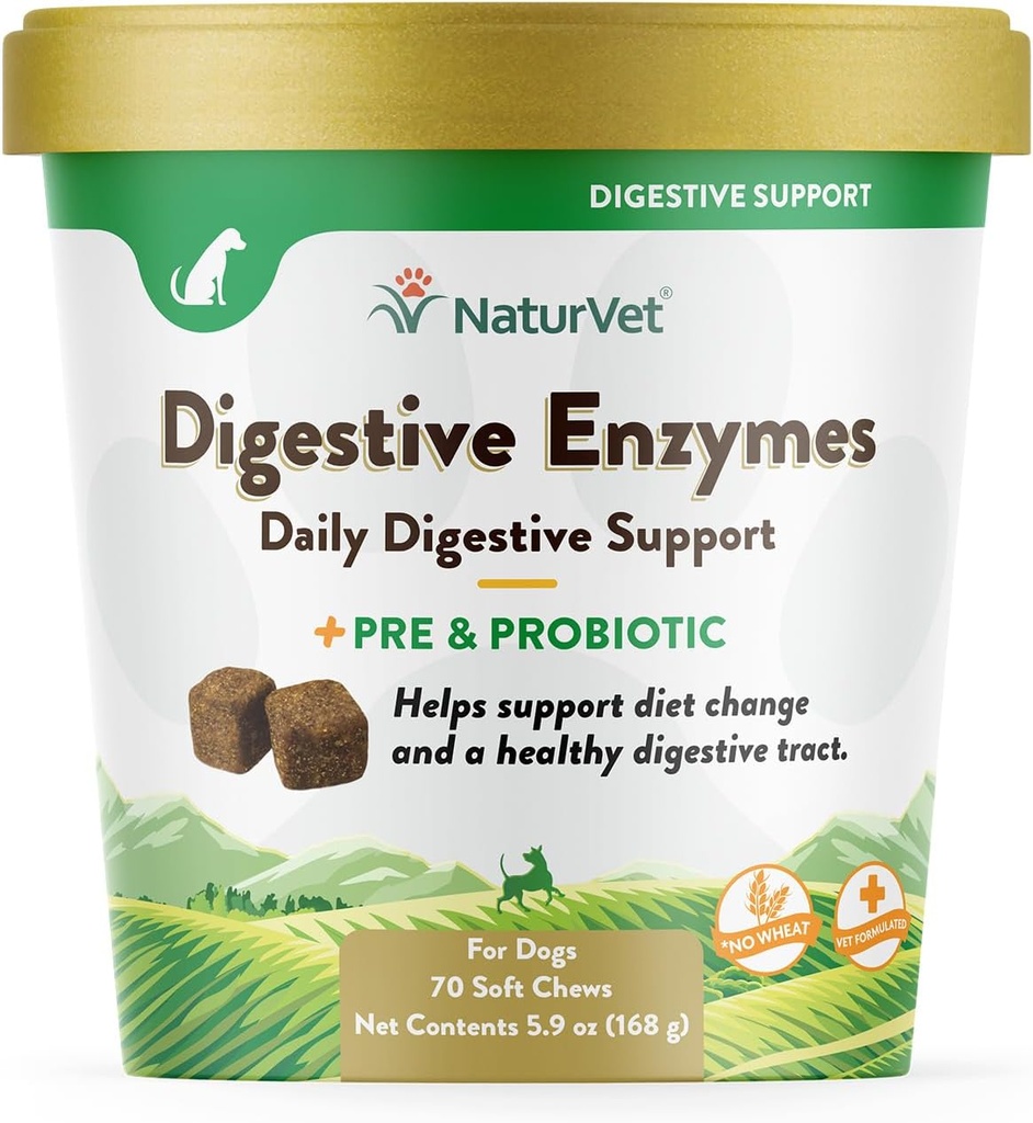 NaturVet – Enzimas digestivas - Plus Probióticos " Prebióticos - Ayuda a apoyar el cambio de dieta " Tracto Digestivo saludable - para perros (Cerdos Soft, 70 Cuenta)