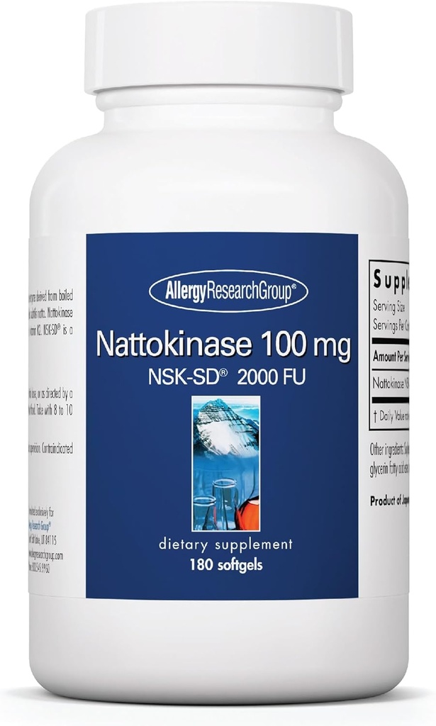 Allergy Research Group Nattokinase 2000 FU / 100mg - Nattokinase Suplemento para Mujeres y Hombres, Natural Enzyme Support for Heart and Blood Health - 180 Softgels