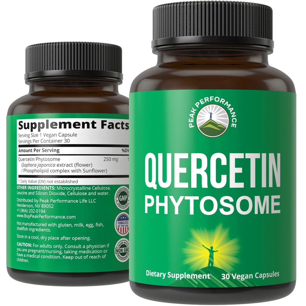 Peak Performance Ultra Pura Quercetina Phytosome Vegan Capsules - Rich Sophora Japonica Extract for Max Absorption Now. Quercetin 250mg Suplemento cápsulas. Made in USA