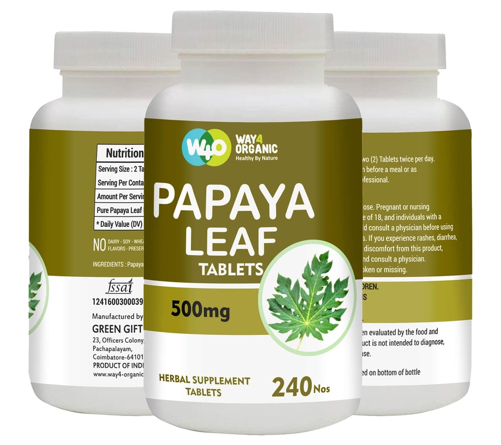 Papaya Leaf Extract Capsules (Tablas) - 500 mg 240 Píldoras, soporta la inmunidad plaqueta " Digestión - 60 días Suministro