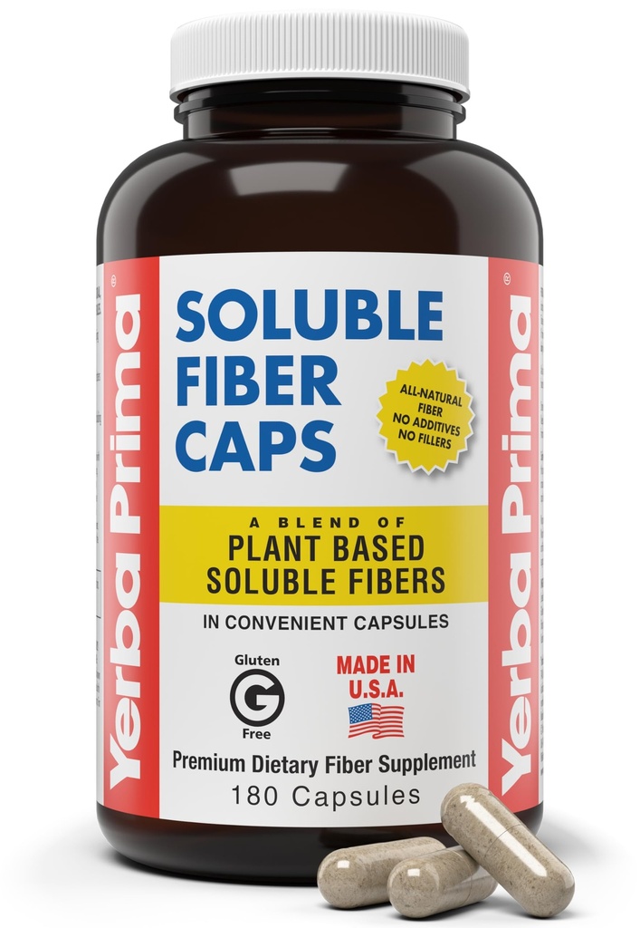 Yerba Prima Soluble Fiber Fórmula Capsules, 180 Conde - Premium Dietary Fiber Supplement, Natural, Concentrated Soluble Fiber, Gluten Free, Non-GMO, Made in USA