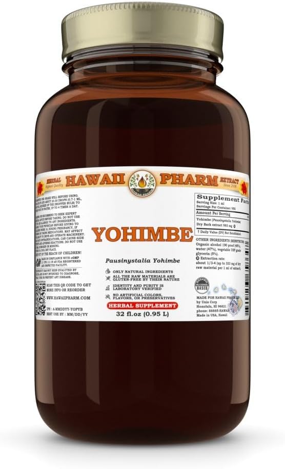 Yohimbe (Pausinystalia Yohimbe) Tintura de corte seco, hecha en Hawaii, Todo Natural, Vegan, Extracto líquido puro - 32 fl.oz