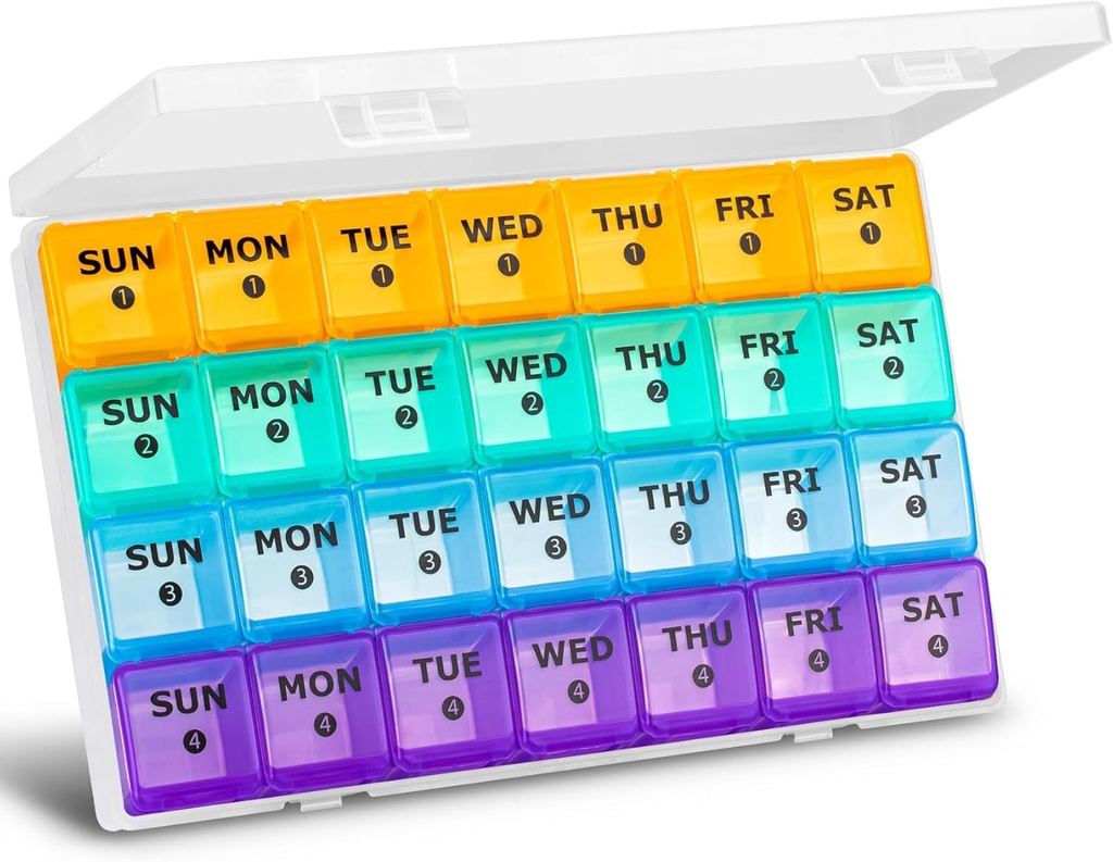 XL Gran organizador mensual de píldoras 4 semanas, 28 días organizador de píldoras semanales, gran partido con caso de viaje, dispensador de 7 días 4 veces al día, caja de organizadores de medicina para la vitamina, aceite de pescado
