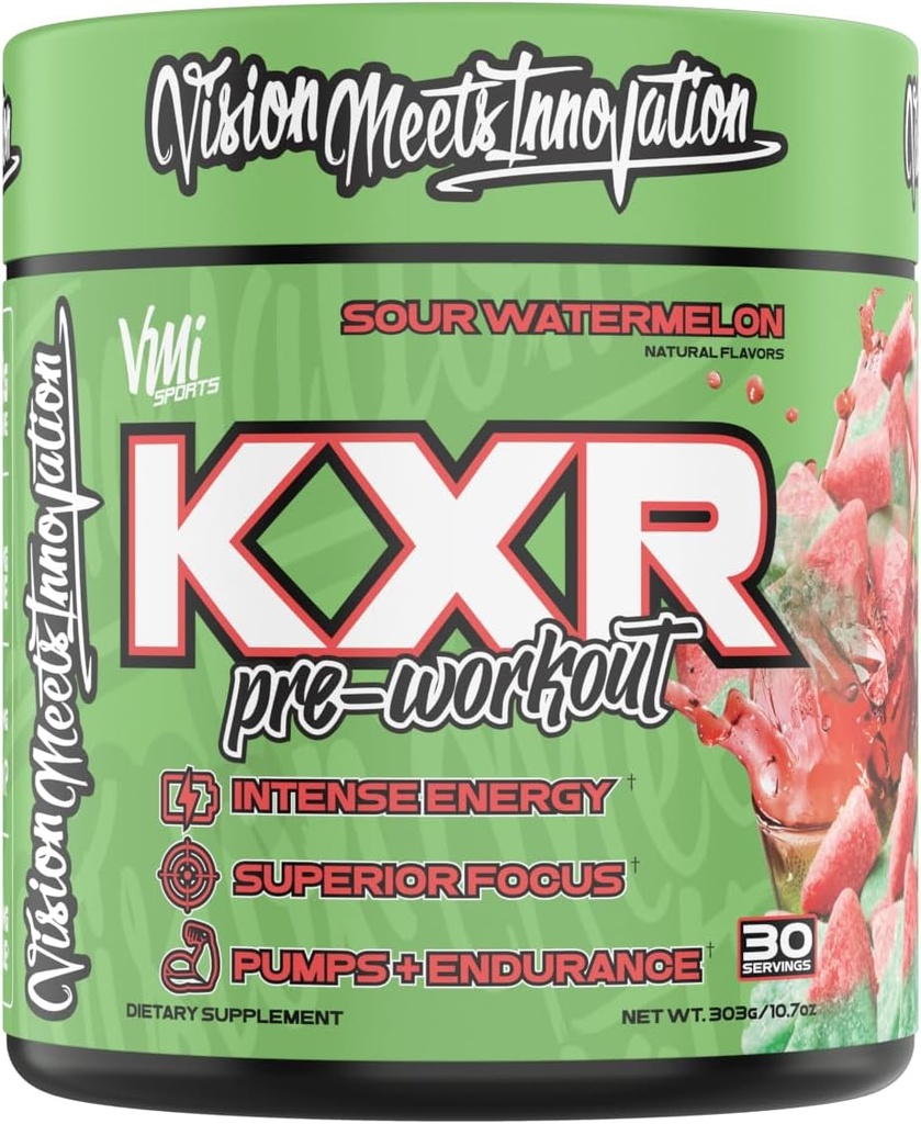 KXR Pre-Workout Energy Powder ← Intense Energy Pre-Workout Drink for Hombres and Women Tortura Creatine Free Silencio Mejora el rendimiento - Enhanced Focus &amp; Aumento de la resistencia ← 30 Servings (Sour Watermelon)