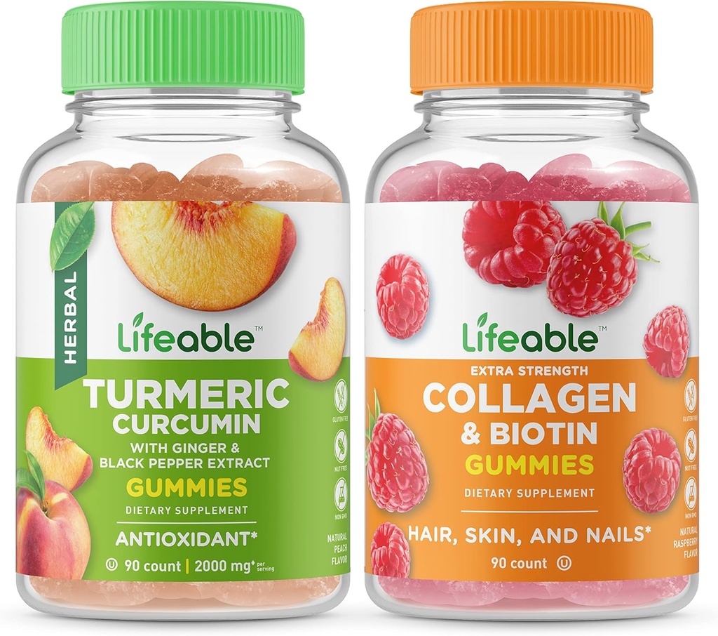 Curcumina de Turmérica Lifeable + Colágeno & Biotina, Buzón de Gummies - Gran Tasting, Suplemento de Vitamina, Gluten Free, GMO Gratis, Chewable Gummy