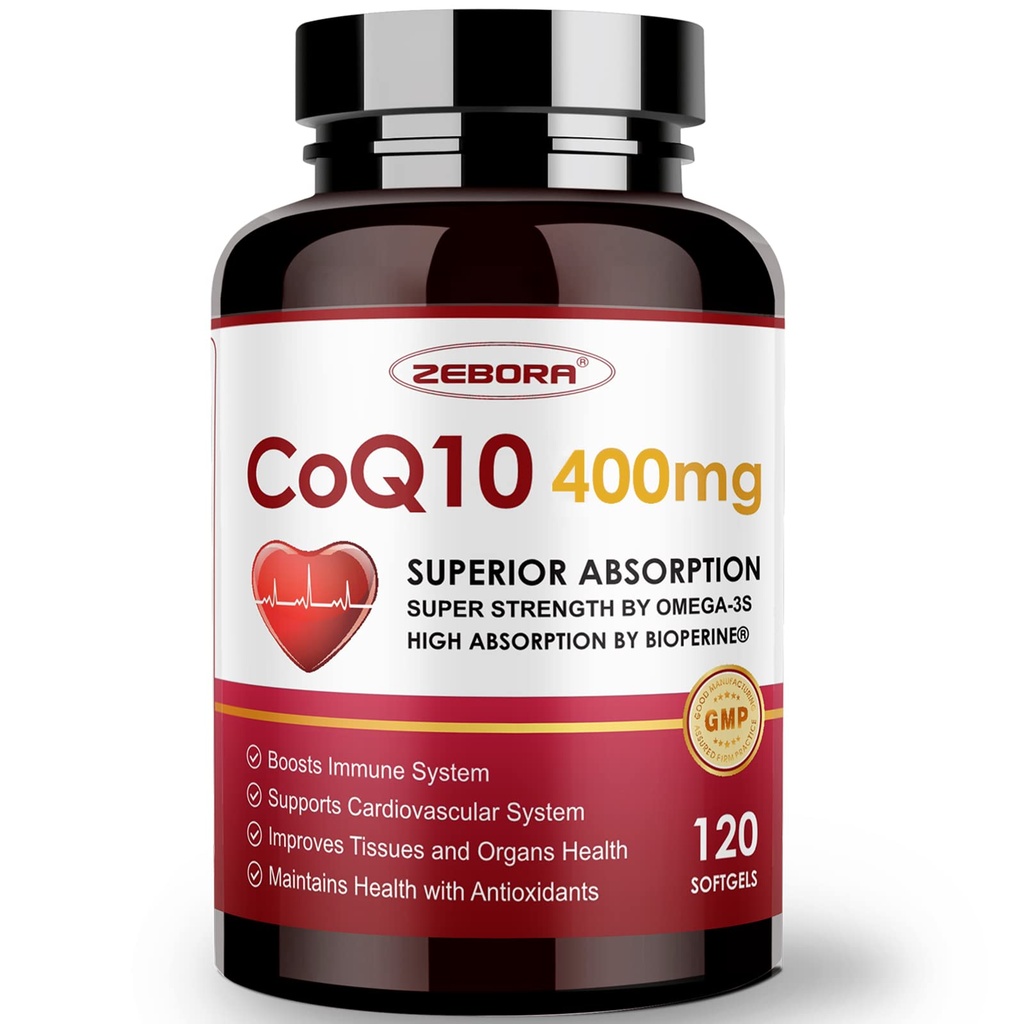 ZEBORA CoQ10-400mg-Softgels con PQQ, BioPerine &amp; Omega-3, Coenzyme Q10(Ubiquinone) Suplemento para Alta Absorción, Potencial Antioxidante, Corazón de apoyo &amp; Energía-producción, 120 Servimientos