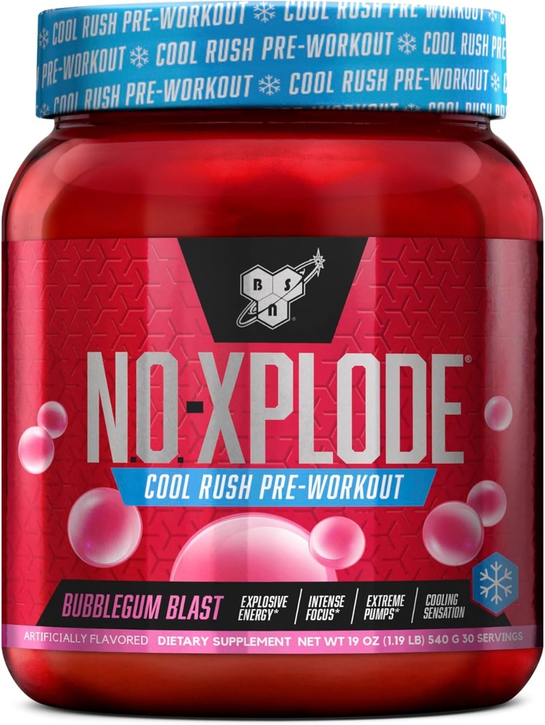 BSN N.O.-XPLODE Cool Rush Pre Workout Powder, Preworkout Energy Supplement for Hombres and Women with Creatine and Beta-Alanine, New Flavor: Bubblegum Blast, 30 Servings
