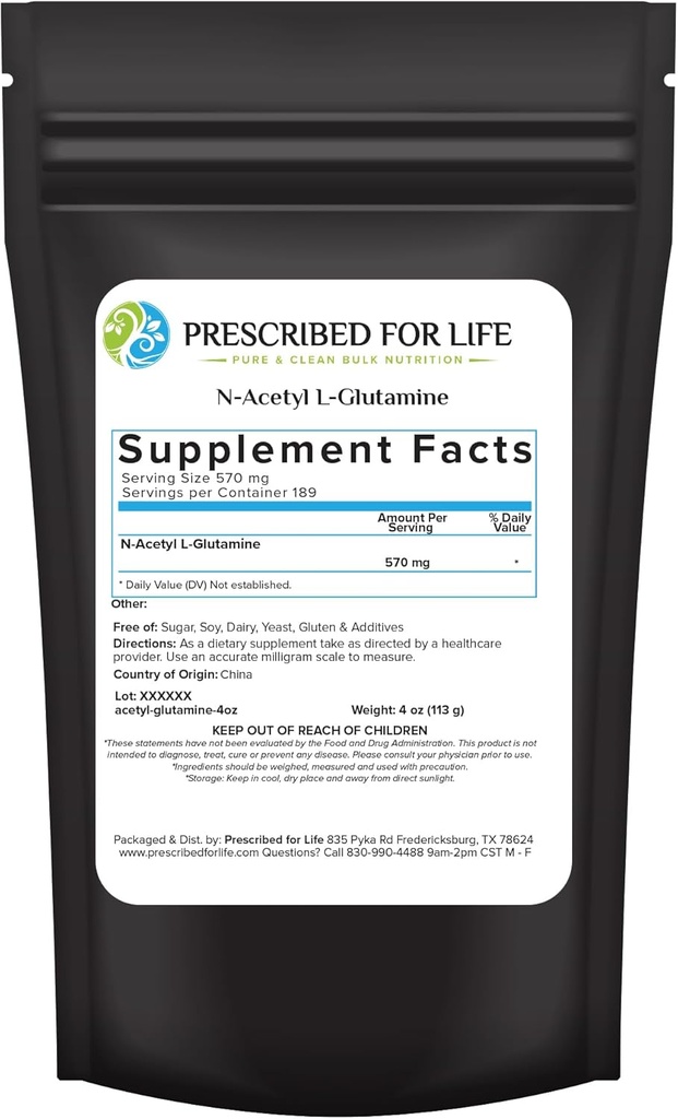Prescrito para la vida N Acetyl L Glutamine Powder, Pure L Glutamine Amino Aminoácidos Suplemento (4oz / 113g)