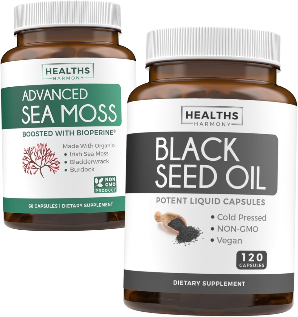 Black Seed & Sea Moss (1-Month Supply) Nourishing Nature Bundle of Black Seed Oil 120 Softgel Capsules (No-GMO & Vegan) Cold-Presed Nigella Sativa & Irish Sea Mos Capsules (No-GMO & Organic)