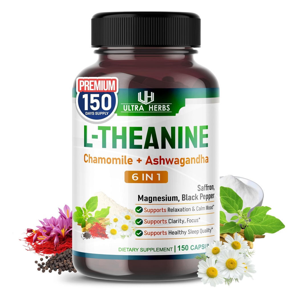 L-Theanine Suplemento - 6 IN 1 Complejo Enriquecido con Magnesio, Ashwagandha, Saffron, Chamomile - Apoyo Relajación, Calmness &amp; Sleep Quality ← 150 Capsules
