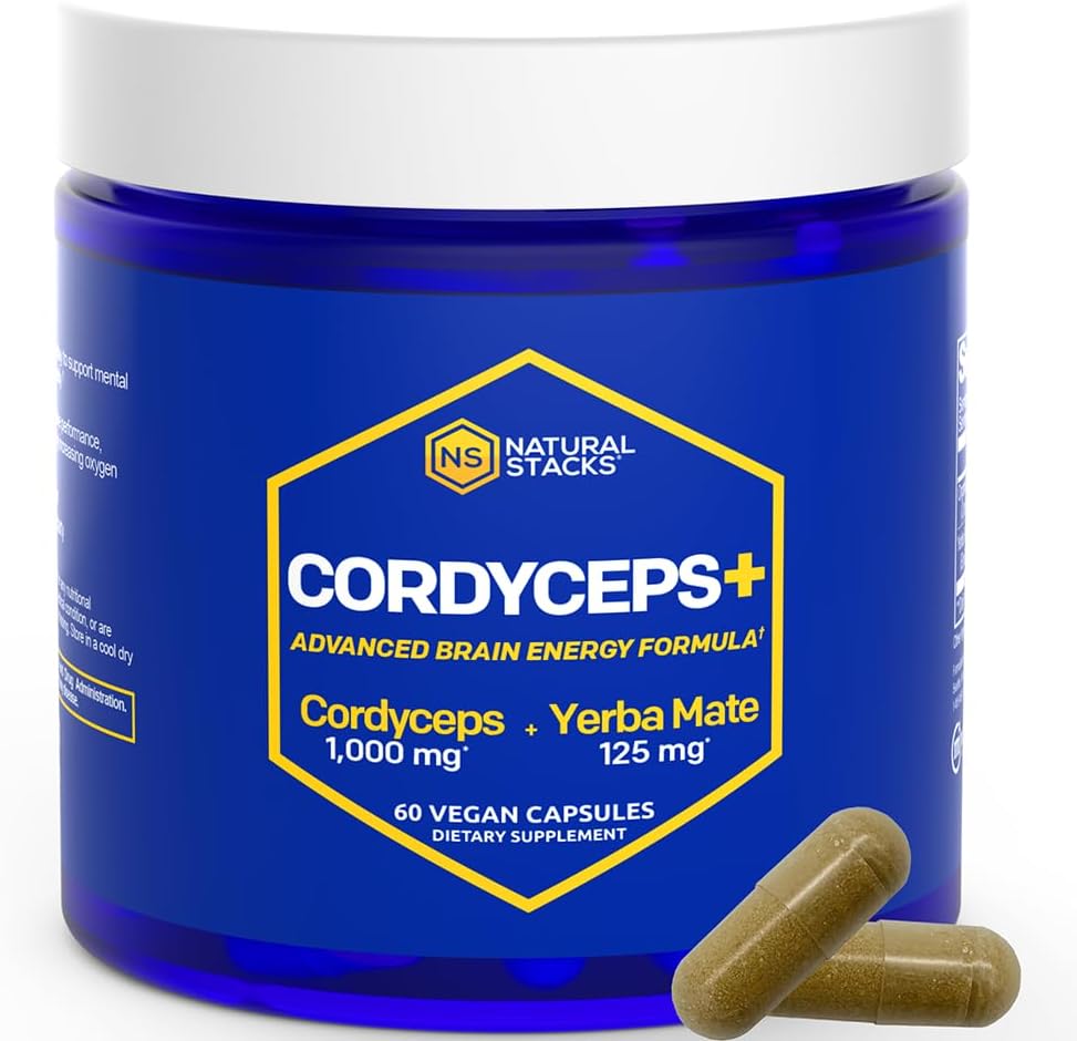 Cordyceps Mushroom Capsules - 1000mg Cordyceps Extract & 125mg Yerba Mate Extract - 100% Fruiting Body Mushroom Suplemento - Apoyos Brain Energy & Cognitive Performance - 60 Yerba Mate Capsules