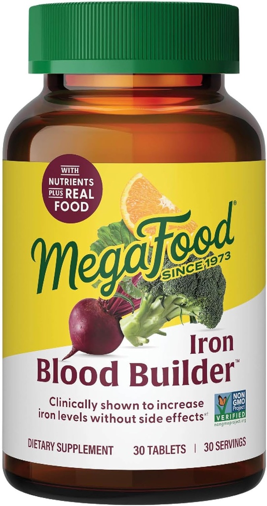 MegaFood Blood Builder Iron Suplemento para Hombres - Aumentar los niveles de hierro sin efectos secundarios - Combate la fatiga - con vitamina B12, ácido fólico " Vitamina C para la absorción - Vegan - 30 Tablets
