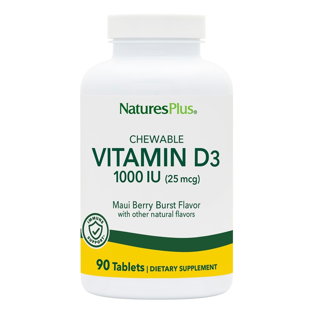 NaturesPlus Vitamina D3 (1000 UI) - 90 Tabletas Chewable, Maui Berry Burst Flavor - Vegetariano, Gluten Gratis - 90 Servimientos