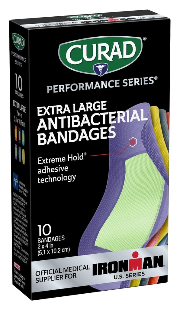 CURAD Performance Series IRONMAN Antibacterial Bandages, Extreme Hold Adhesive Technology, Extra Large Flexible Fabric Bandages for Cuts, Scrapes, " Burns, Assorted Colors, 2 x 4 pulgadas, 10 Count