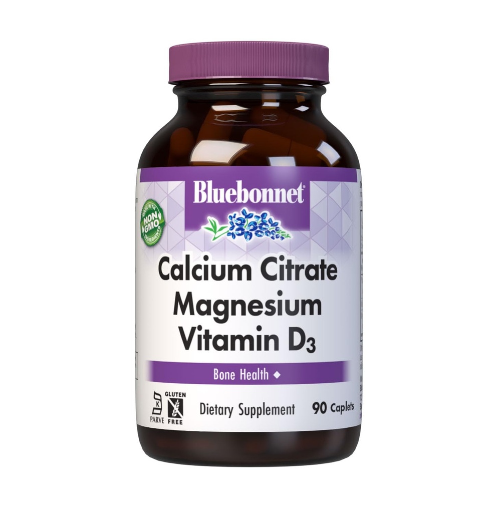 Bluebonnet Nutrition Calcium Citrate Magnesium Plus Vitamin D3 Caplets, Bone Health &amp; Muscle Relaxation, Non GMO, Gluten, Soy & Milk Free, Kosher, White, 90 Condes