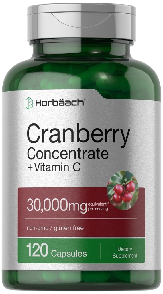 Horbäach Cranberry Concentrate Extract Pills + Vitamin C TENIDO 30,000mg Silencio 120 Capsules ANTE Triple Strength Ultimate Potency Formula ← Non-GMO y Gluten Free Supplement