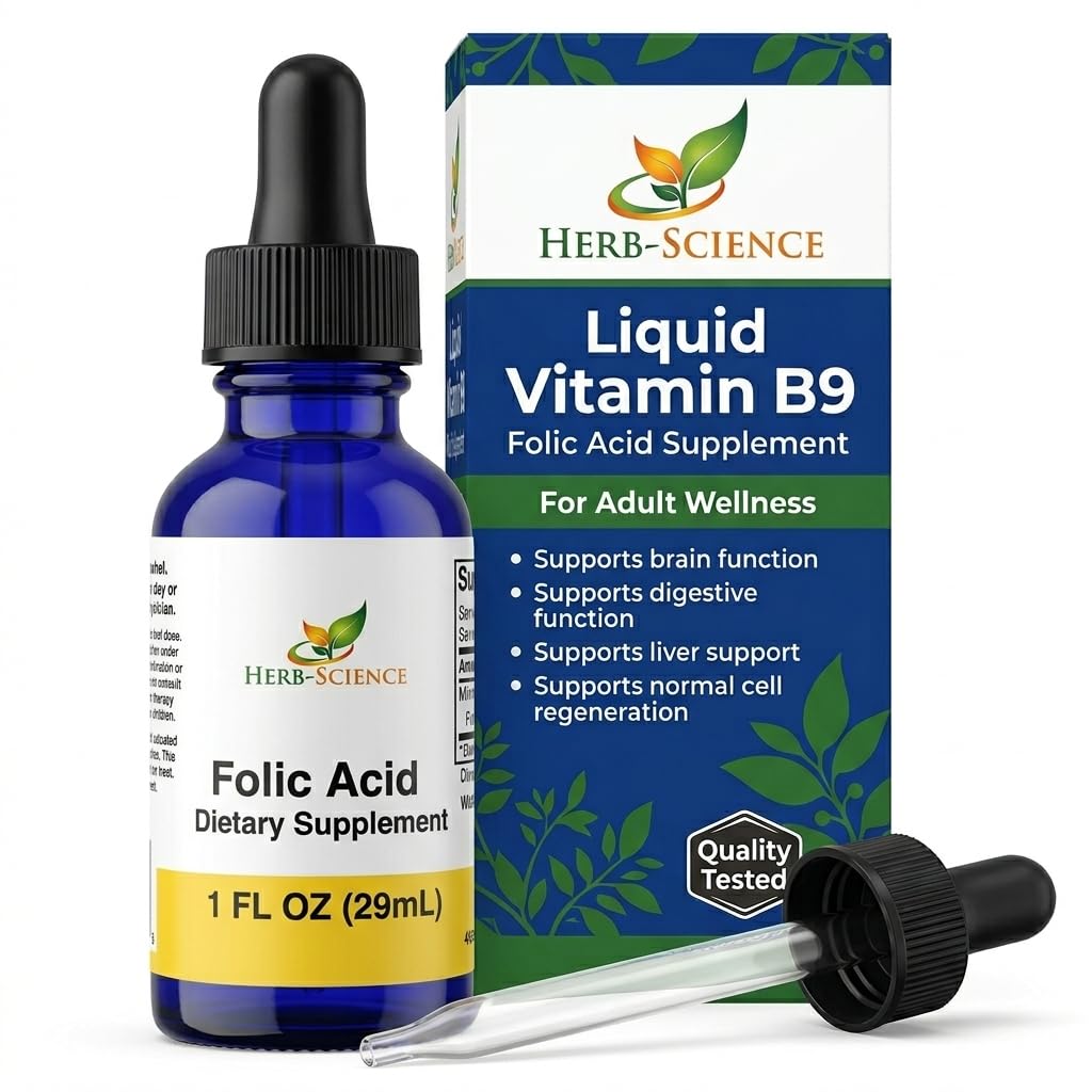 Vitamina líquida B9 Folic Acid Suplementos - VIT B gotas para la función digestiva del cerebro, soporte para hígado - Gluten-Free, non-GMO, Vegan - Suplemento nutricional para adultos - 1 fl. oz.