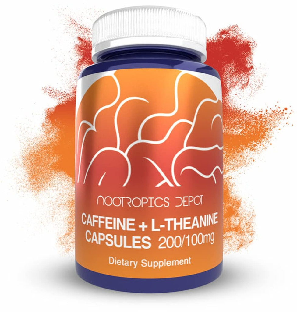 Nootropics Depot Caffeine y L-Theanine Capsules Silencio 60 Contiene 200mg de Caffeine y 100mg de L-Theanine ← Suplemento Natural Silencio Energy Booster ← Mental Focus + Alertness Silencioso