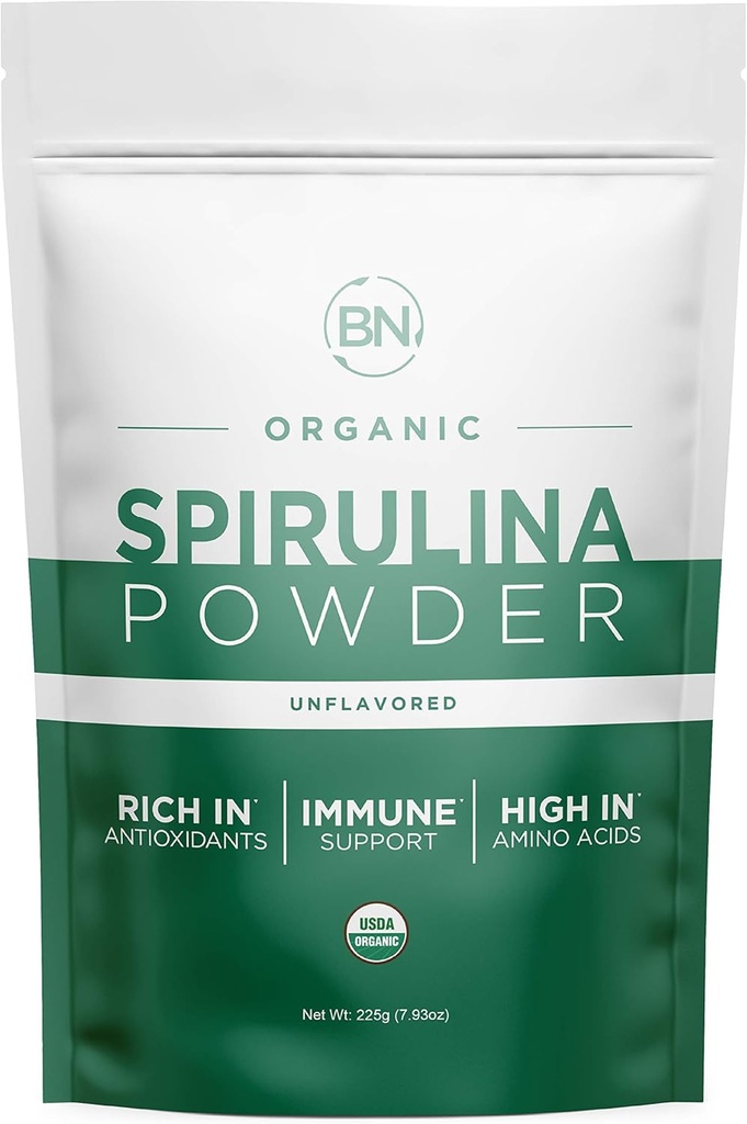 Spirulina Polvo Orgánico 225g - 64 Serviciones 3.5g Tamaño de servicio - USDA Certified - RAW Nutrient Dense Más del 70% Protein Por Serving - Purest Source Vegan Protein - Superfood