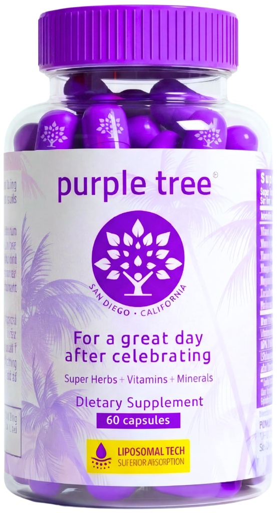 árbol púrpura Post-Celebration Wellness Suplemento Silencio Liposomal Dihydromyricetin (DHM), L-Glutathione, Milk Thistle for Liver Support & Hydration  durable Electrolytes, B Vitaminas, Willow Bark tención 60 cápsulas