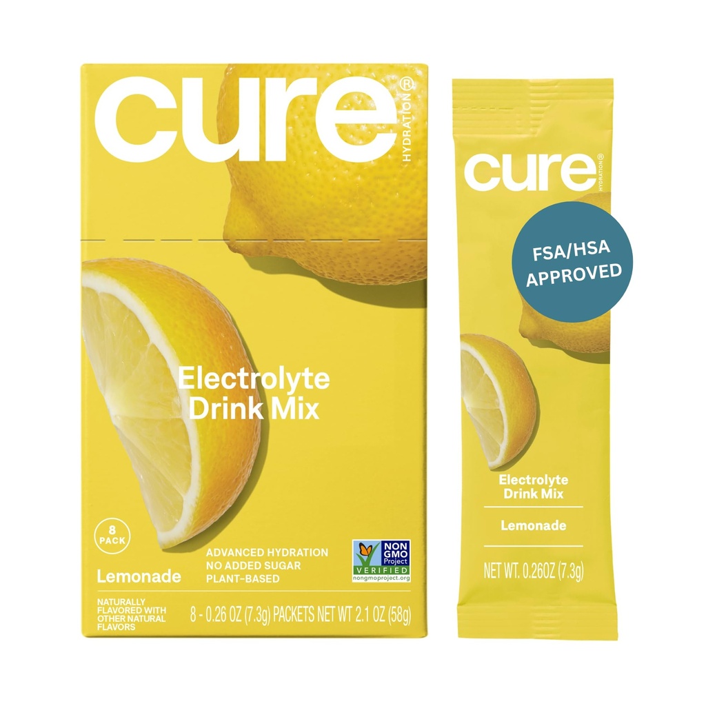Cure Hydration ¦ Plant-Based Electrolyte Drink Mix  vírgenes No Añadido Sugar ¦ Dehydration Relief Powder Hecho con Coconut Water ← Non-GMO ← Vegan ← Caja de 8 Packets - Lemonade
