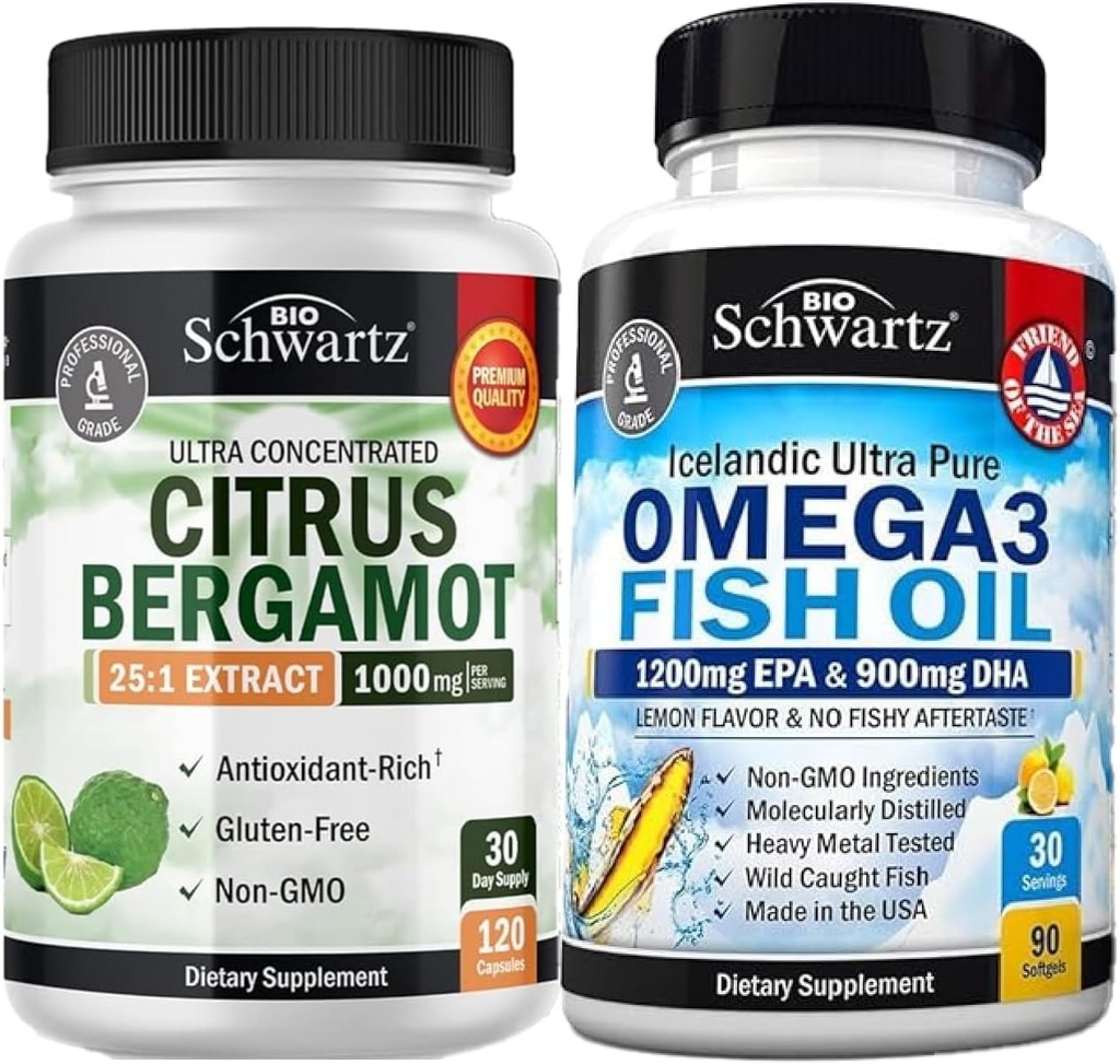 Triple Fuerza Omega 3 Fish Oil Softgels (1 Mes de Suministro) Más 1000 mg Citrus Suplemento de Bérgamo (1 Mes de Suministro)