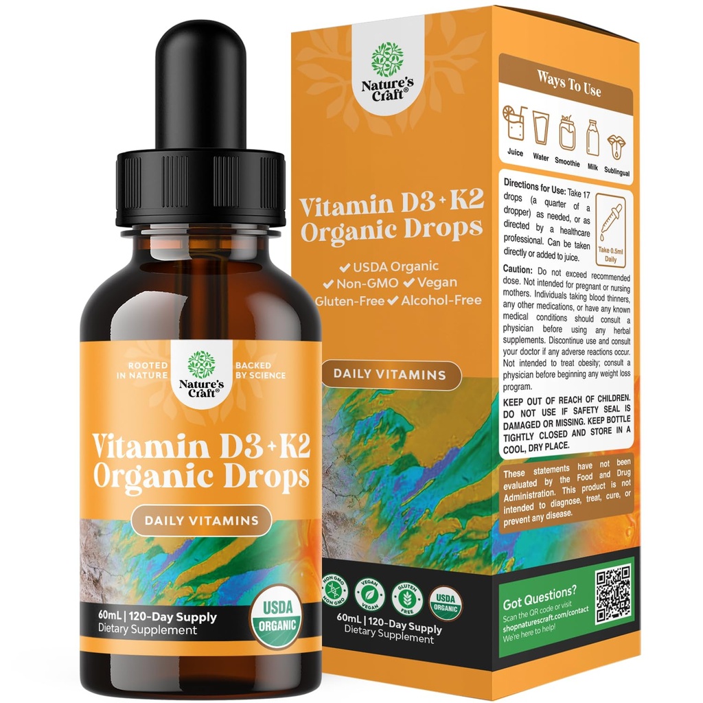 Natures Craft Liquid Vitamin D3 with K2 for Adults - Organic Drops 2000IU per Serving Vegan Bone Muscle Heart & Immune Support MCT Oil Enhanced Absorption - 2Fl Oz (Pack of 1)
