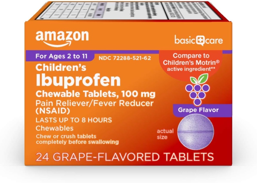 Cuidado básico Las tabletas para niños Ibuprofeno Chewable 100 mg, Grape Flavor, Dolor Relieve y Reductor de Fiebre (NSAID), For Sore Throat, Toothache, Headache Relief and More, 24 Count