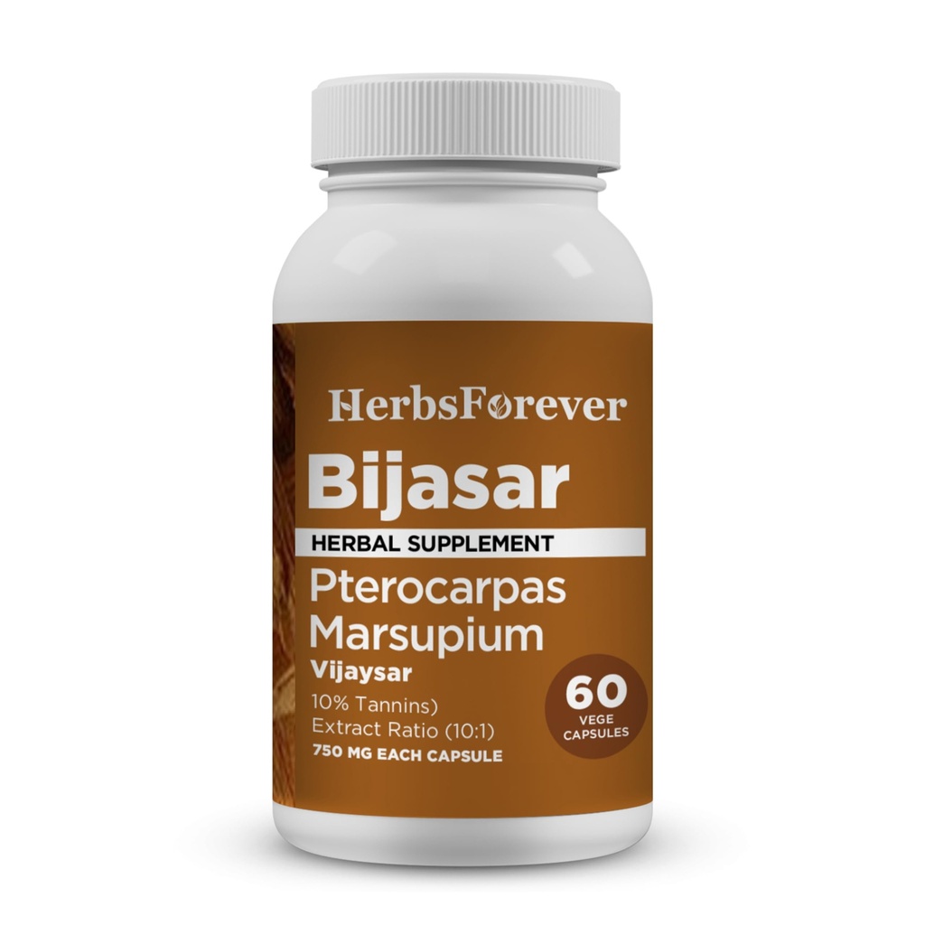 HerbsForever Bijasar(Indian Kino Tree, Malabar Kino)-Extra Strength(10:1) Extra,Equiv.to 4800mg Bark Powder Por Serving-Liver Support " Detox Blood Sugar " Purity habit10% Tannins habit60 Veg Capsules durable800mg