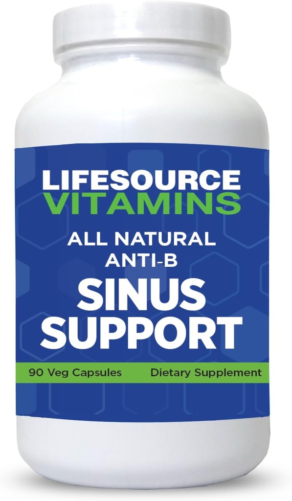 LifeSource Vitamins All Natural Anti-B Sinus Support – 14 All Natural Ingredients - 90 Capsules - Fórmula Propietaria