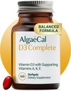 ALGAECAL 4-en-1 Vitamina D3 K2 Completa - ADK Suplemento de vitaminas, soporte de inmunológico mejorado " Bone Health with D3 K2, A, " E - Whole Body Wellness " Bone Strength, 60 Easy-Swallow Softgels, Made in USA
