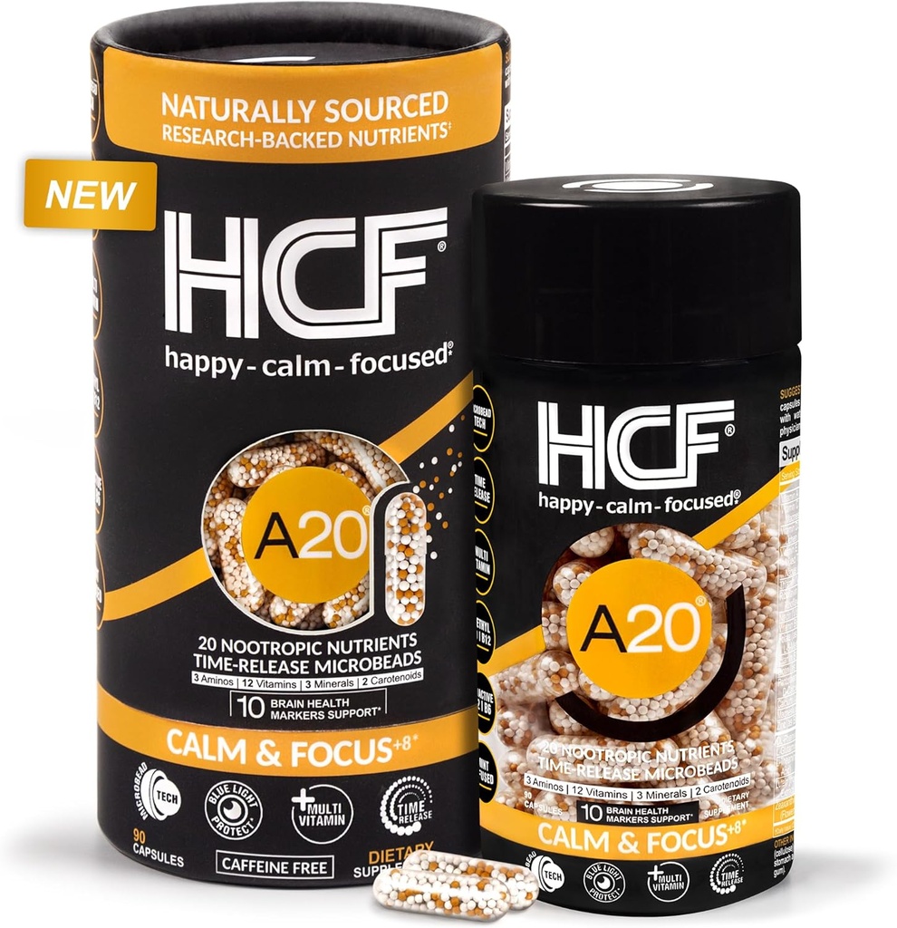 HCF A20 Micro suplementos de salud cerebral para adultos para memoria, enfoque, calma, humedad, alerta, atención, visión, sueño, sistema inmunitario, 20 Nutrientes nootrópicos Premium Multivitamin & 7 Avances® Tech