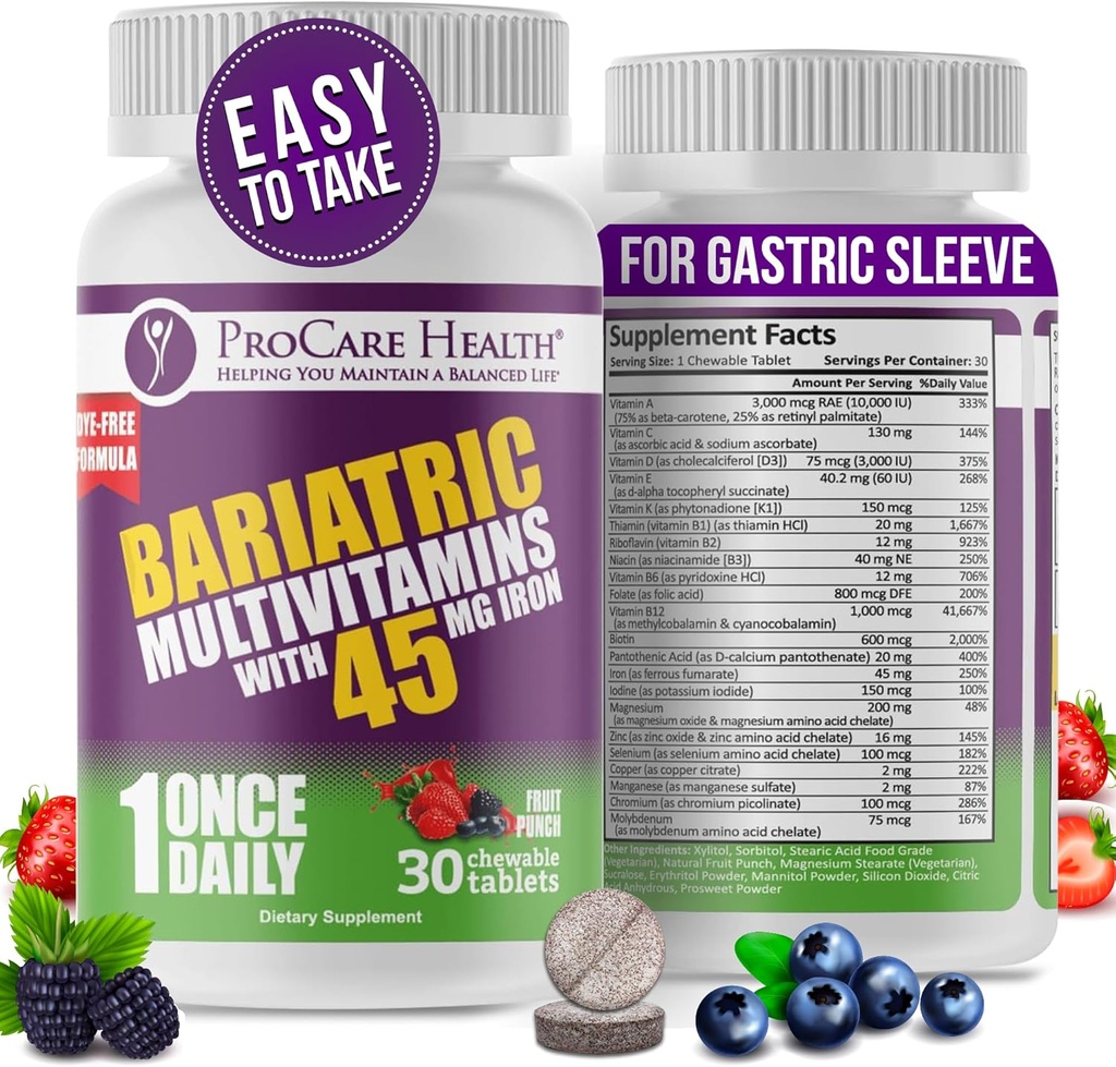 Procare Health Bariatric Multivitamin con Iron 45mg Chewable (30 Tablets) - Píldoras multivitamínicas de sabor a frutas para pacientes de bypass gástricos " Gastrectomía de mangas (01 mes de suministro)