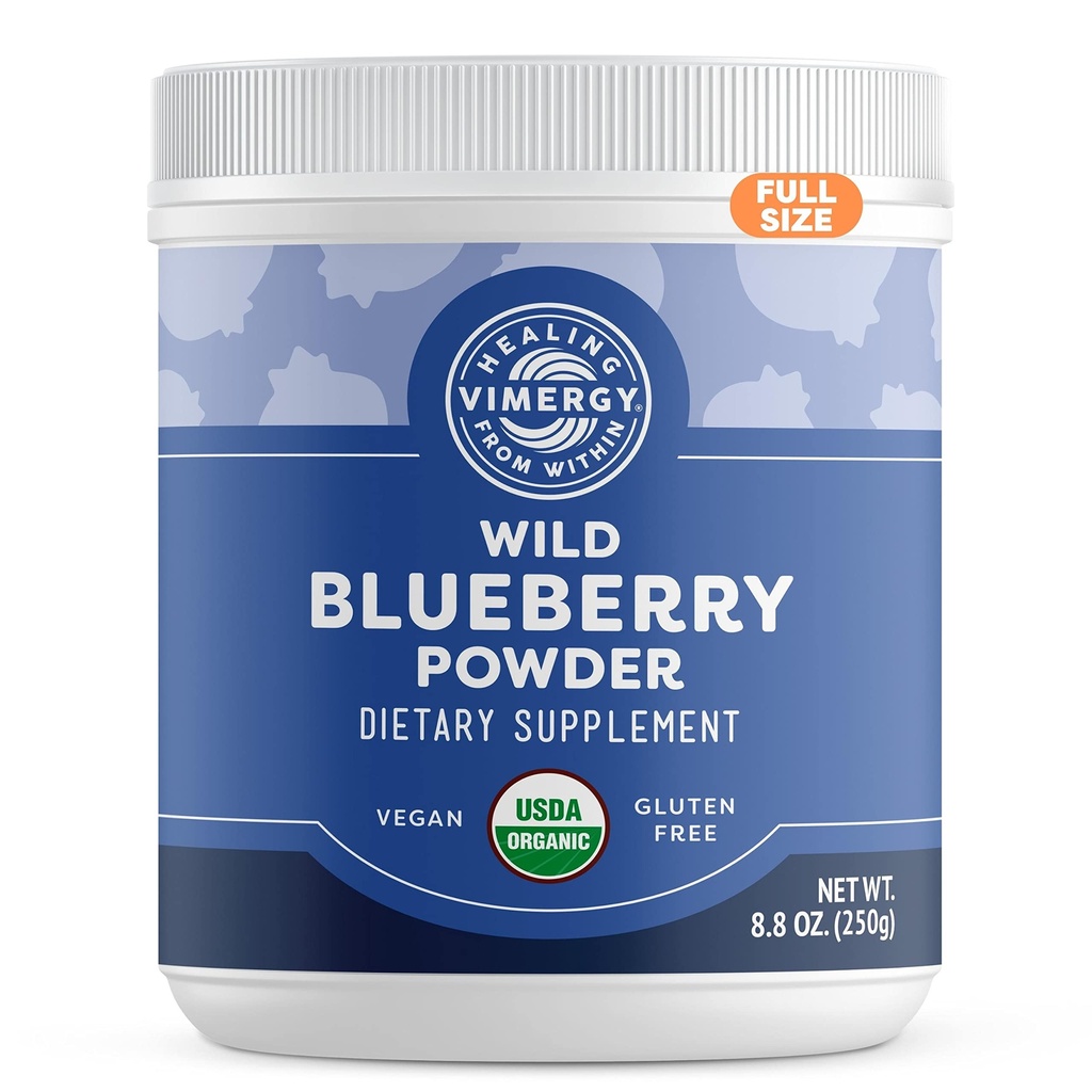 Vimergy Wild Blueberry Powder – Protege la salud cerebral* - Apoya la función cardiovascular* – Orgánica, Vegana y Sin gluten – Tamaño regular 250g