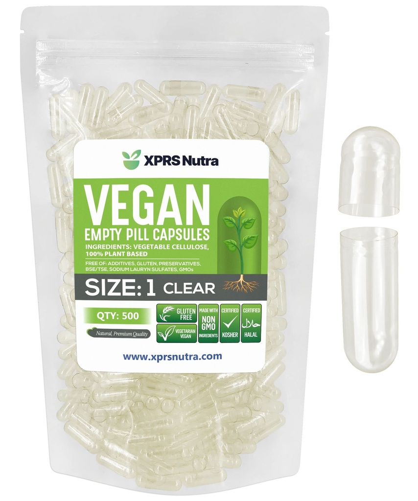 XPRS Nutra Size 1 Empty Capsules - 500 Cuentas Clear Empty Vegan Capsules - Vegetarian Pills - DIY Vegetable Capsule Filling- Veggie Pill Caps for Do-It-Yourself Suplementos