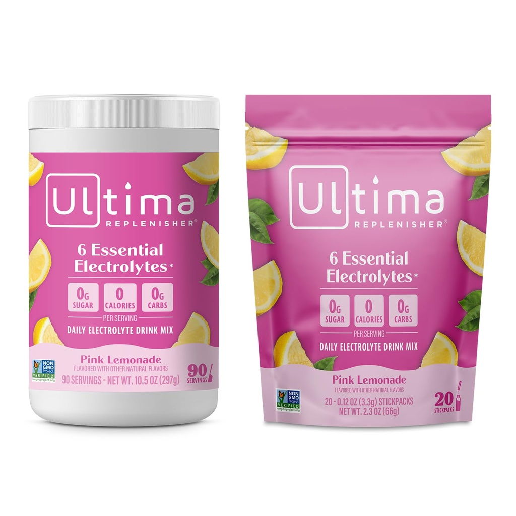 Ultima Replenisher Electrolyte Powder Drink Mix Bundle – Sugar Free – Pink Lemonade, 90 Serving Canister y 20 Stickpacks – 6 Electrolytes and Minerals – Keto Friendly, Vegan, Non-GMO