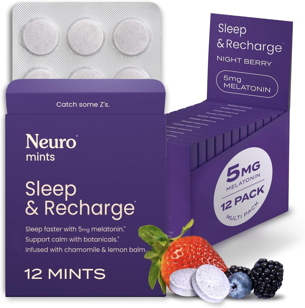 Neuro Melatonina 5 mg Mints de recargo de sueño (144 piezas) - Fast Dissolve Melatonin Sugar Mints gratis con Lemon Balm & Chamomile for Better Sleep - Suplemento de sueño calmado para adultos - Noche Berry Flavor