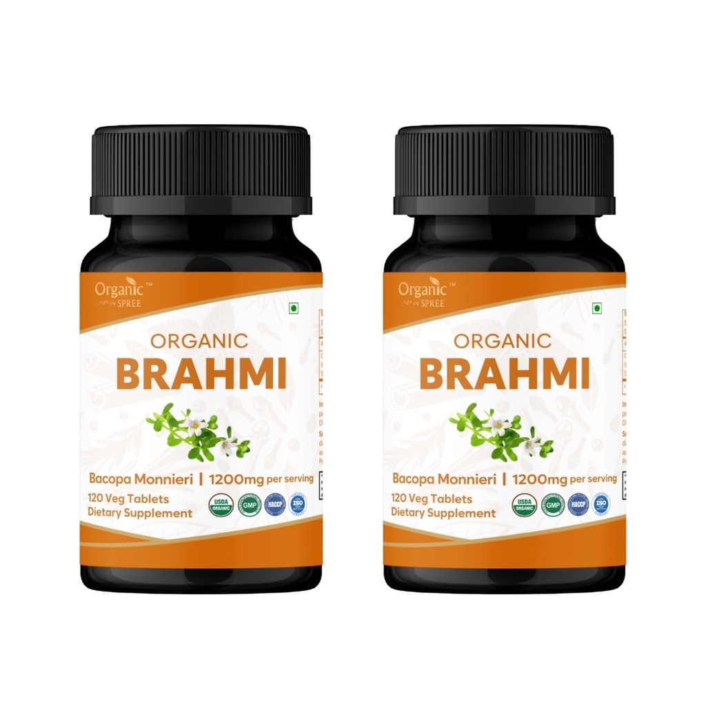Brahmi 120 Tablets – USDA Organic Bacopa Monnieri Supplement – Supports Focus, Calm &amp; Memory – Herbal Nootropic* - Pack of 2