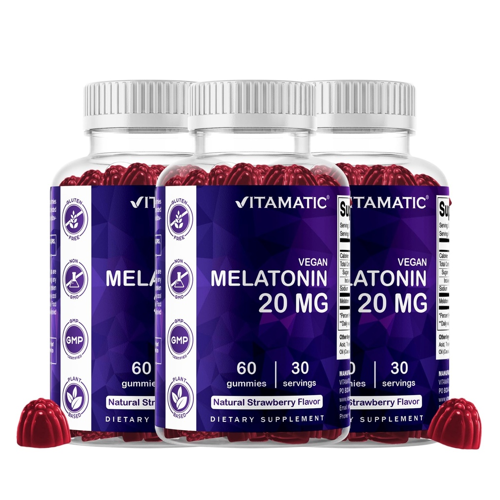 Vitamatic Melatonin 20 mg Gummies for Adults, 30 Servings - 60 Gummies Vegetarianos - Suplemento No-Habit Forming