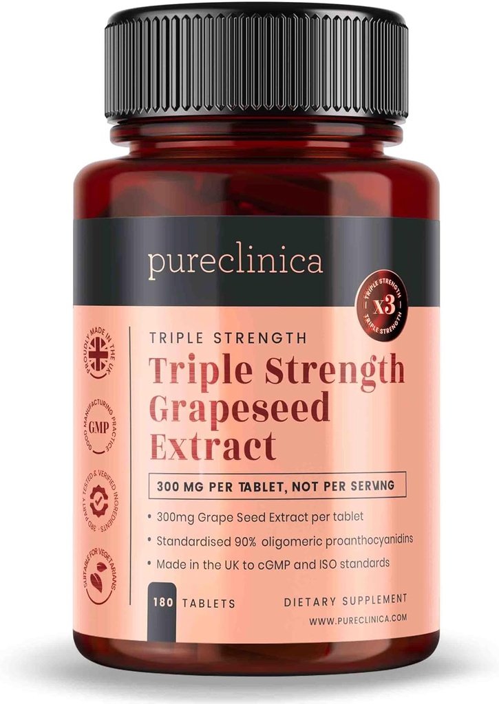 Purclinica Grape Seed Extract 300mg x 180 Tablets - 90% Oligomeric Proanthocyanidins. 300% más fuerte que la semilla regular de uva.