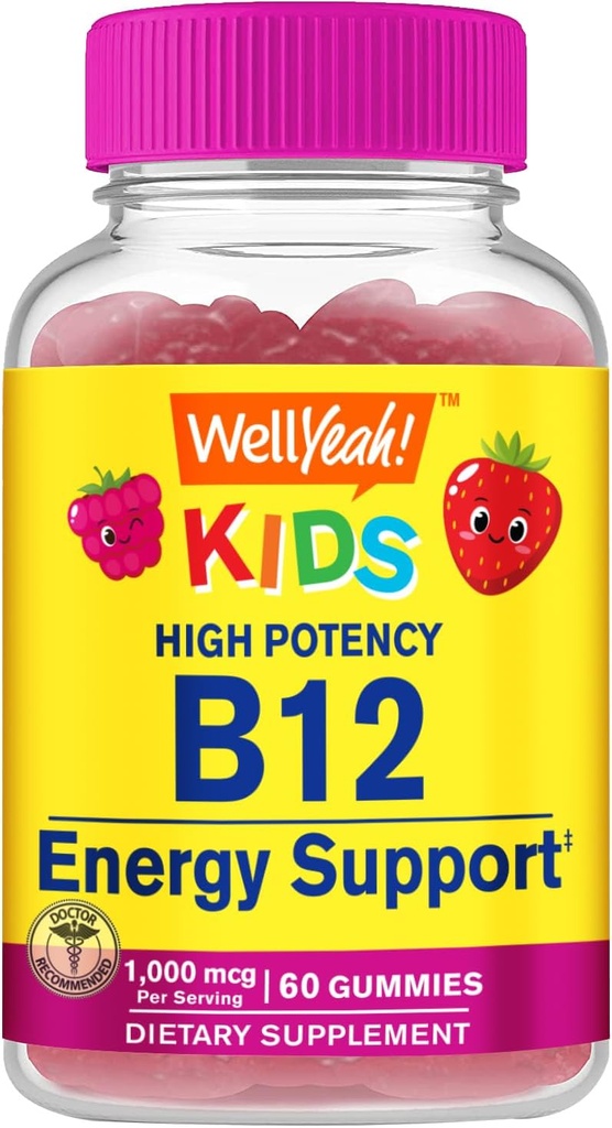 WellSí Vitamina B12 Gummies for Kids - Boost Energy, Mejorar la Función del Cerebro y Fortalecer el Sistema Inmunitario - No Gluten-Free - Gran sabor de Berry Flavor - Fácil de Chew - 60 Gummies