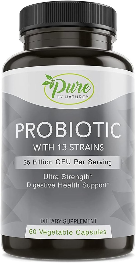 Puro por la naturaleza Probióticos para Hombres Mujer, 13 Estrechos con 25 Billones CFU, Probióticos para Salud Digestiva, Salud Gut, Apoyo Inmune, Bloating & Constipation, Vegan & Estante, 60 cápsulas