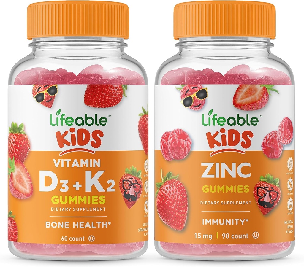 Vitamina vital D3 + Vitamina K2 Niños + Zinc Niños, Gluten Free, GMO Gratis, Chewable Gummy